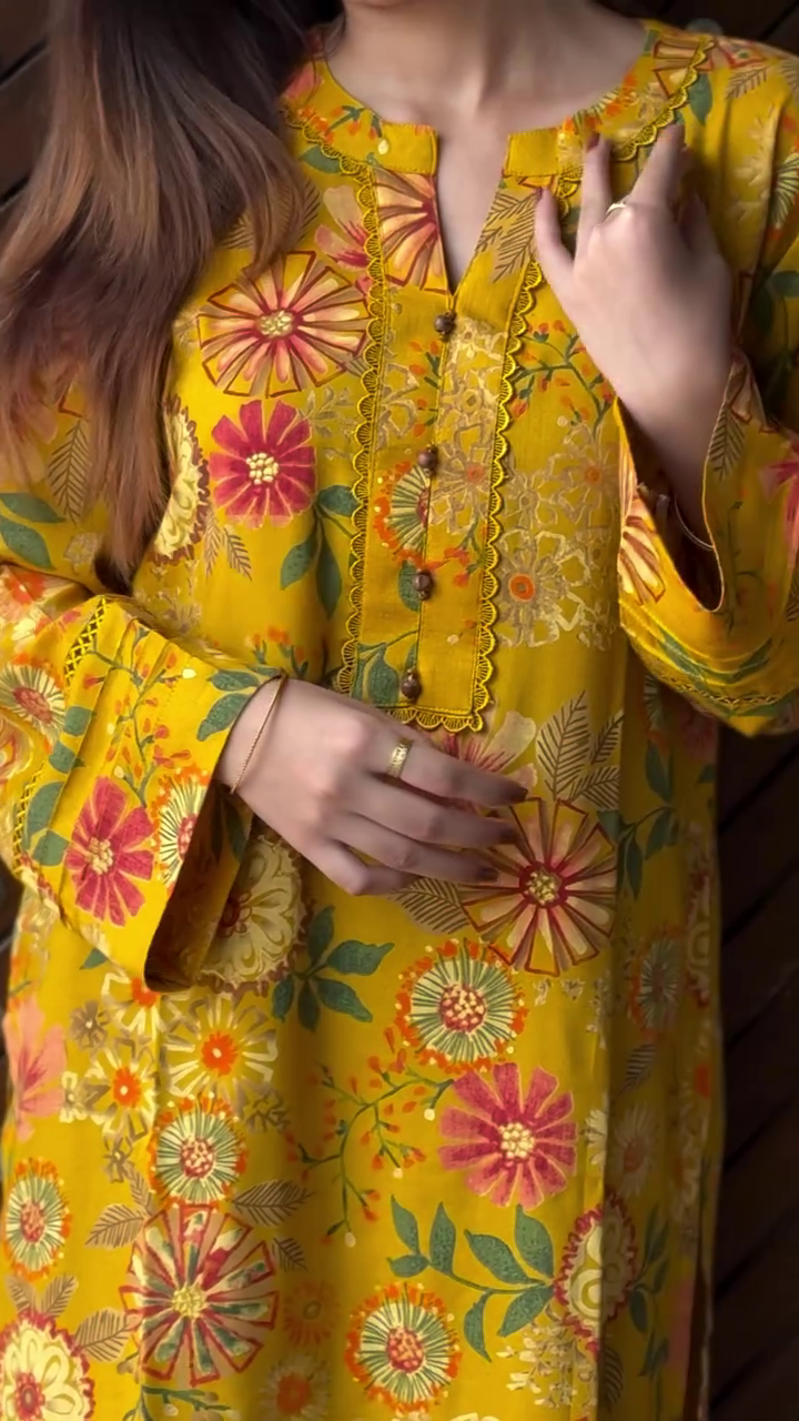Mustard Floral Printed Kurta