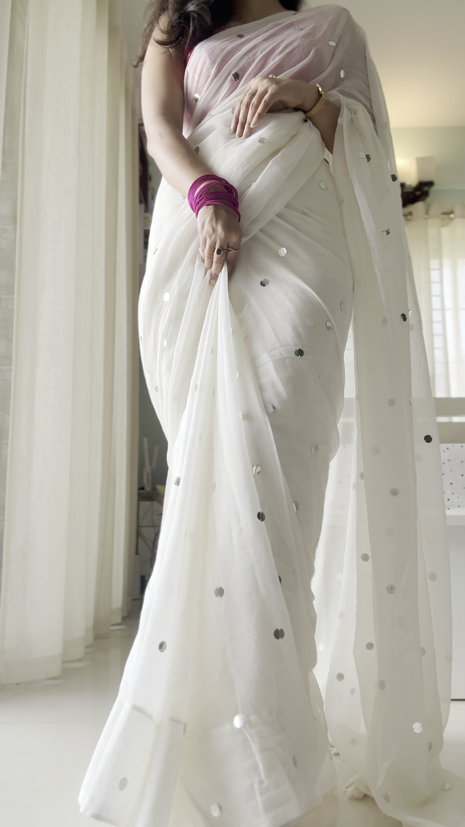 White Sheer Saree with Sequin Embroidery